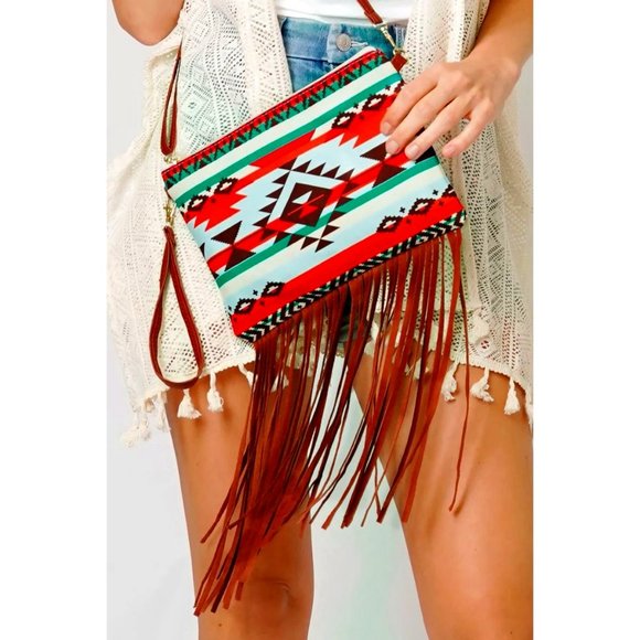 Crossbody Clutch Bag. Southwestern Pattern. Faux Leather Fringe. NWT - Picture 2 of 6